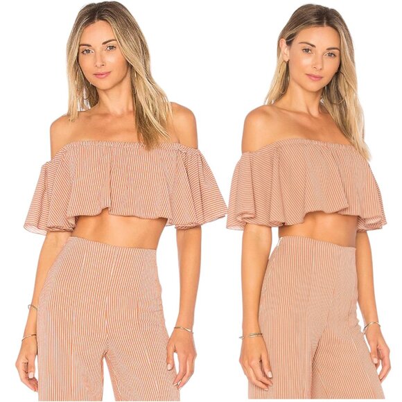 Revolve ELLEJAY Two Piece Matching Pant Set Tan/White Striped Crop Top & Pants 0